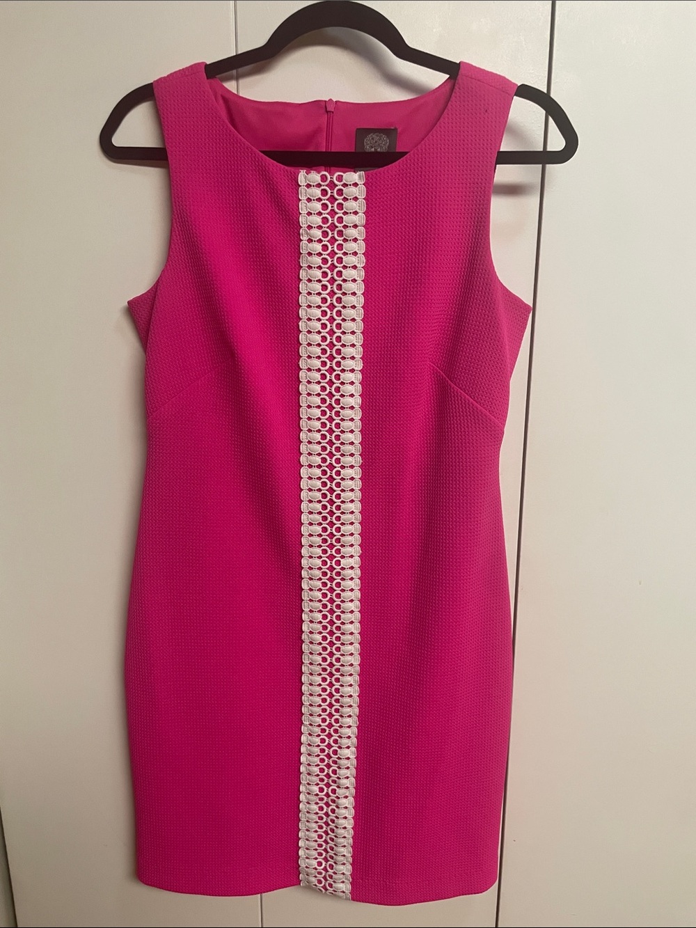 Vince Camuto Hot Pink Sleeveless Shift Dress with White Crochet Trim